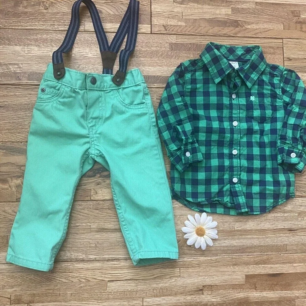 Carter's Plaid St. Patrick's Day Suspenders Outfit Size 12 Mo‎